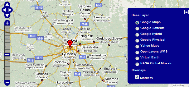 Maps indicating an address with a marker on an Open Layers map with multiple base layers