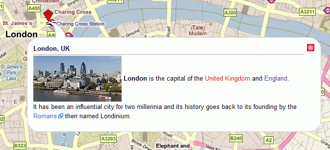 Maps displaying an OpenLayers map with a pop-up containing wiki markup rendered to html