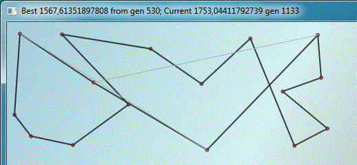 The travelling salesman problem - evolution of the route. The travelling salesman problem - evolution of the route.