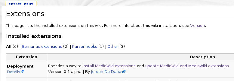 Special:Extensions shwoing a list of all extensions installed and some filter options