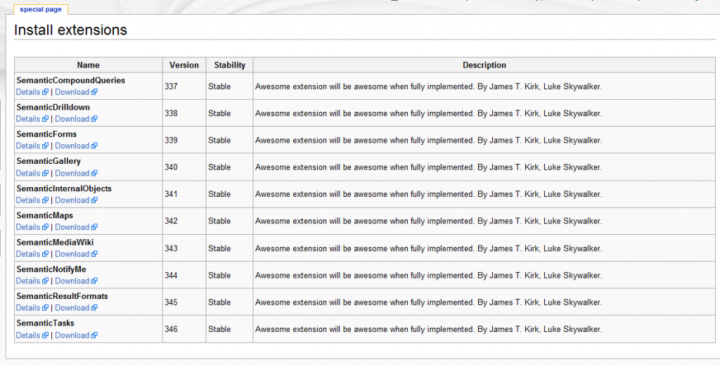 First working version of Special:Install shwoing a list of extensions that matched the searched made, in this case "Semantic"