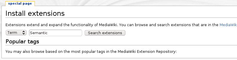 Special:Install displaying controls to browse extensions in the repository
