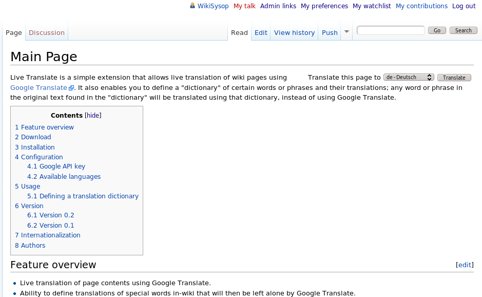 A wiki page with the translation control of the Live Translate extension at the right top corner.