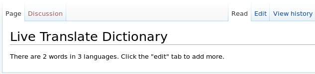 The dictionary page briefly summarizing how many words and languages it contains.