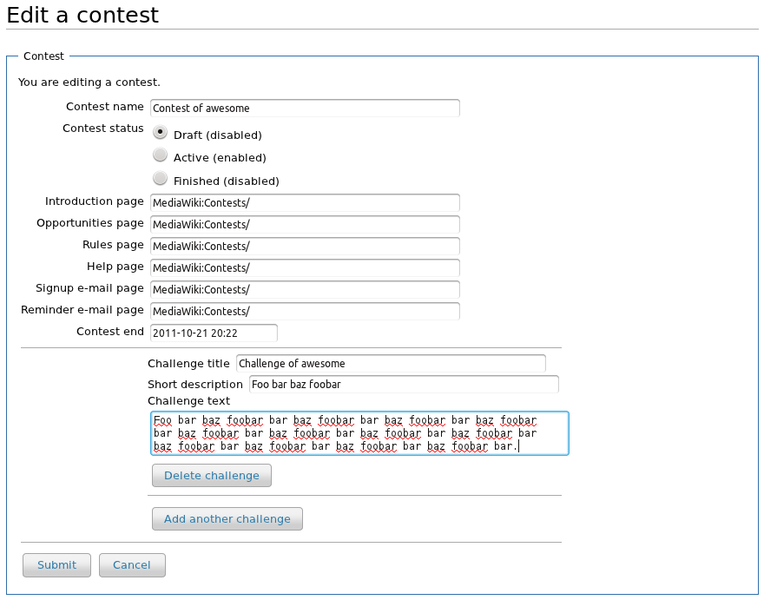 Contest editing interface Contest editing interface